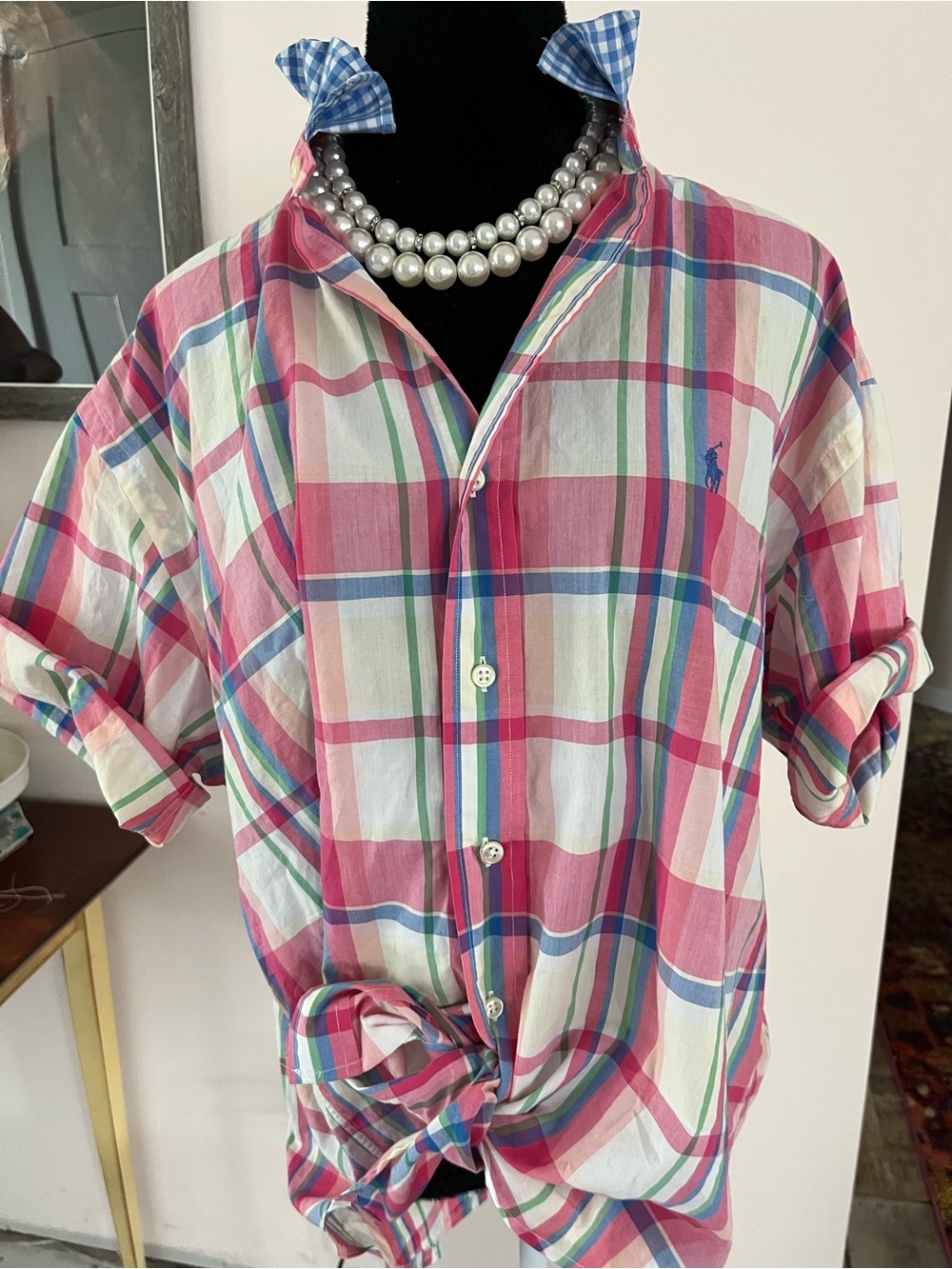 Upcycled Ralph Lauren Pink, Green & Blue Plaid Button-Up Ruffle Collar